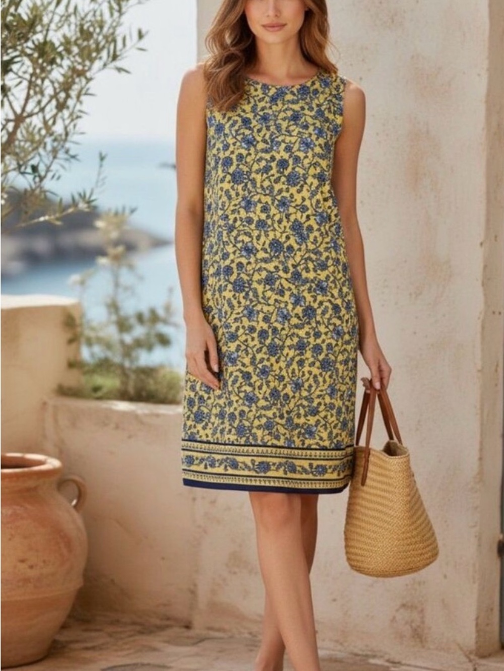 J. Jill Yellow and Blue Floral Midi Shift Dress